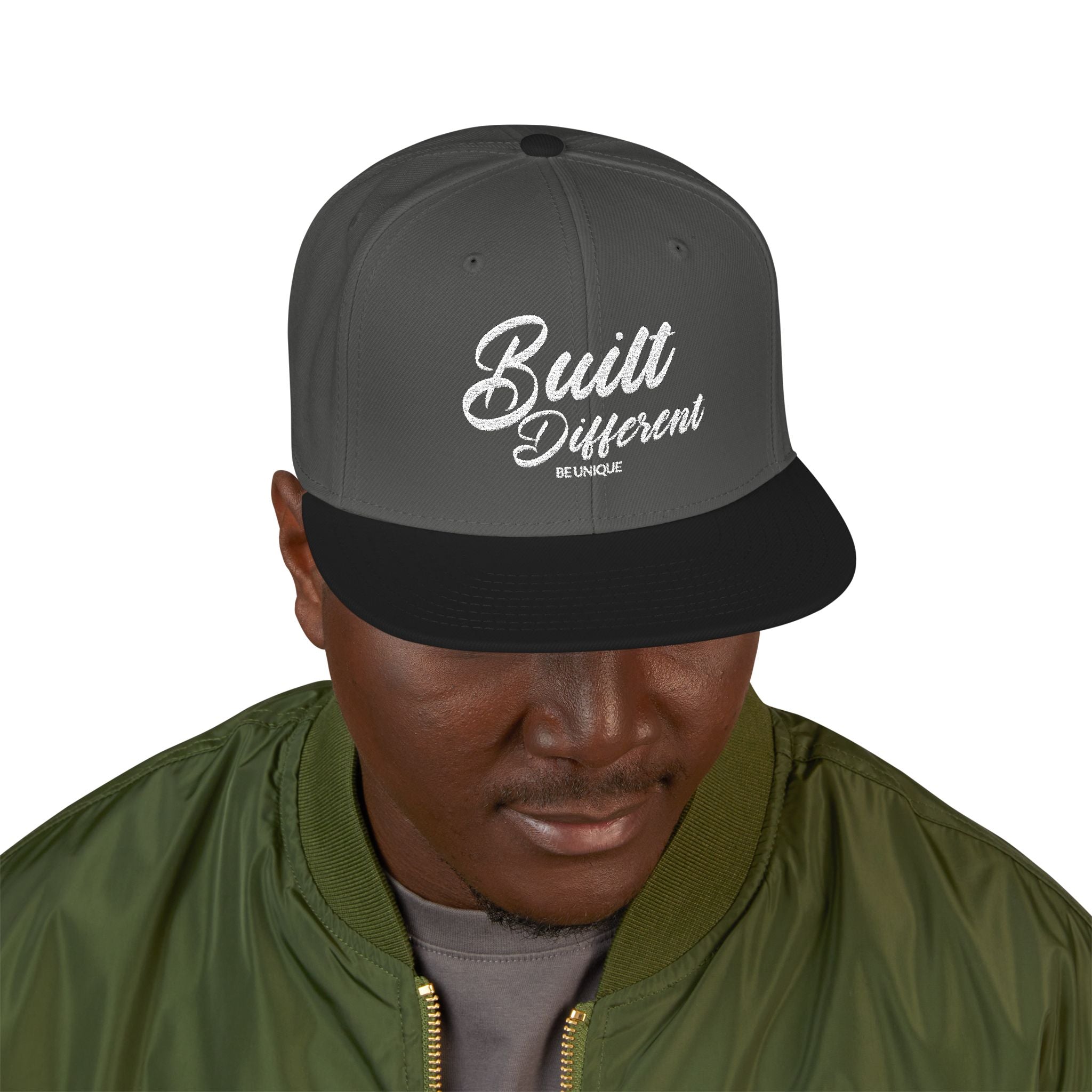 Snapback Hat - 'Built Different' Embroidered Flat Brim Cap
