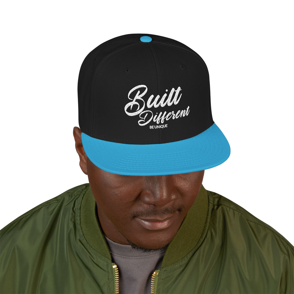 Snapback Hat - 'Built Different' Embroidered Flat Brim Cap