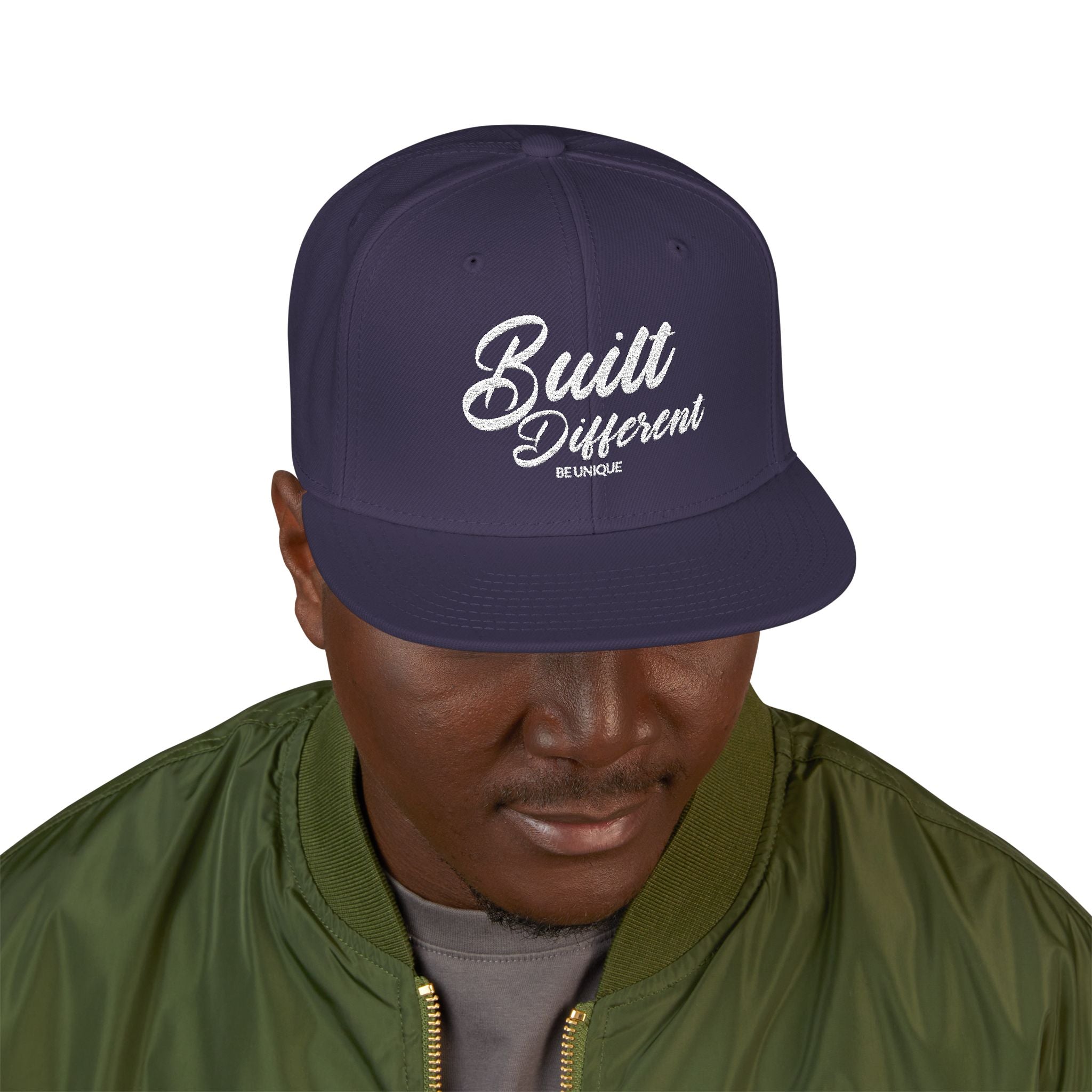 Snapback Hat - 'Built Different' Embroidered Flat Brim Cap