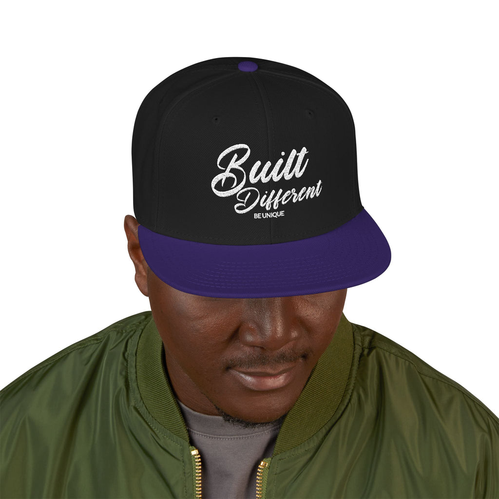Snapback Hat - 'Built Different' Embroidered Flat Brim Cap