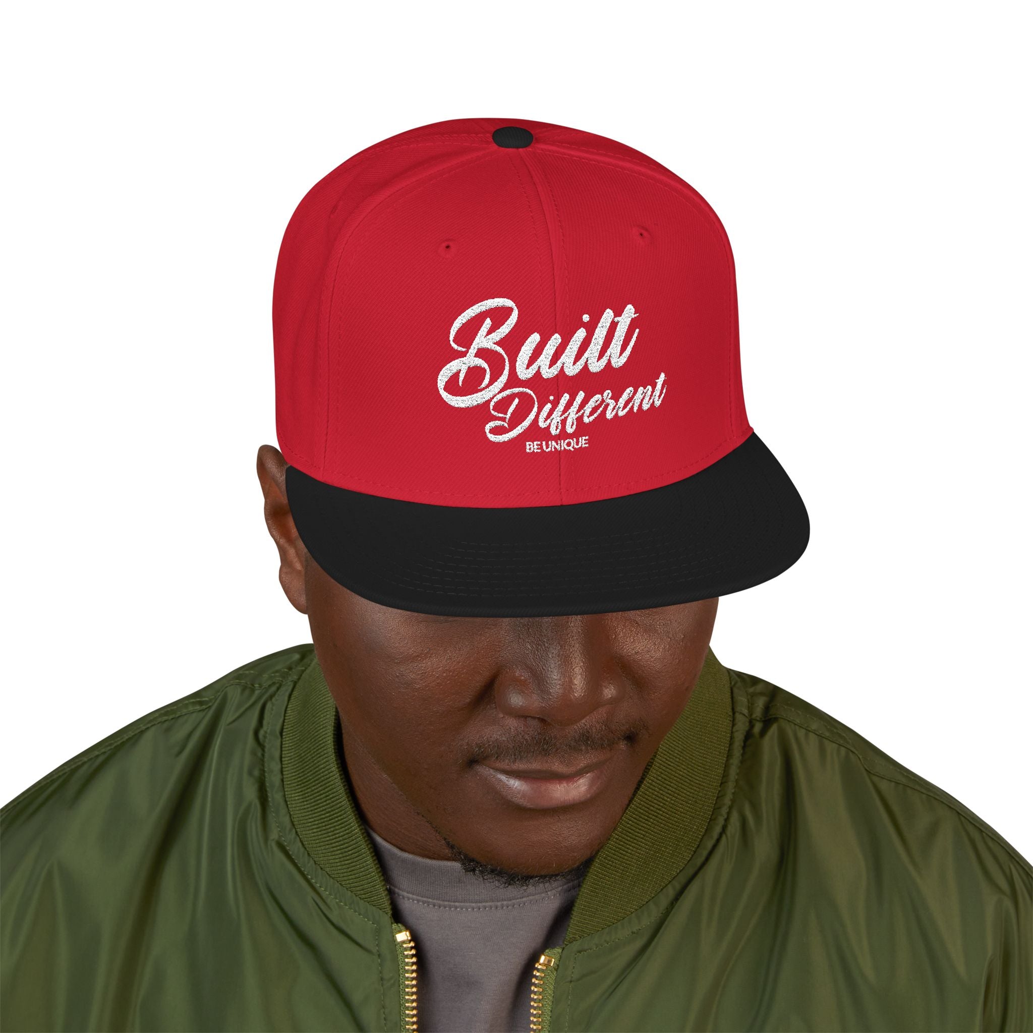 Snapback Hat - 'Built Different' Embroidered Flat Brim Cap