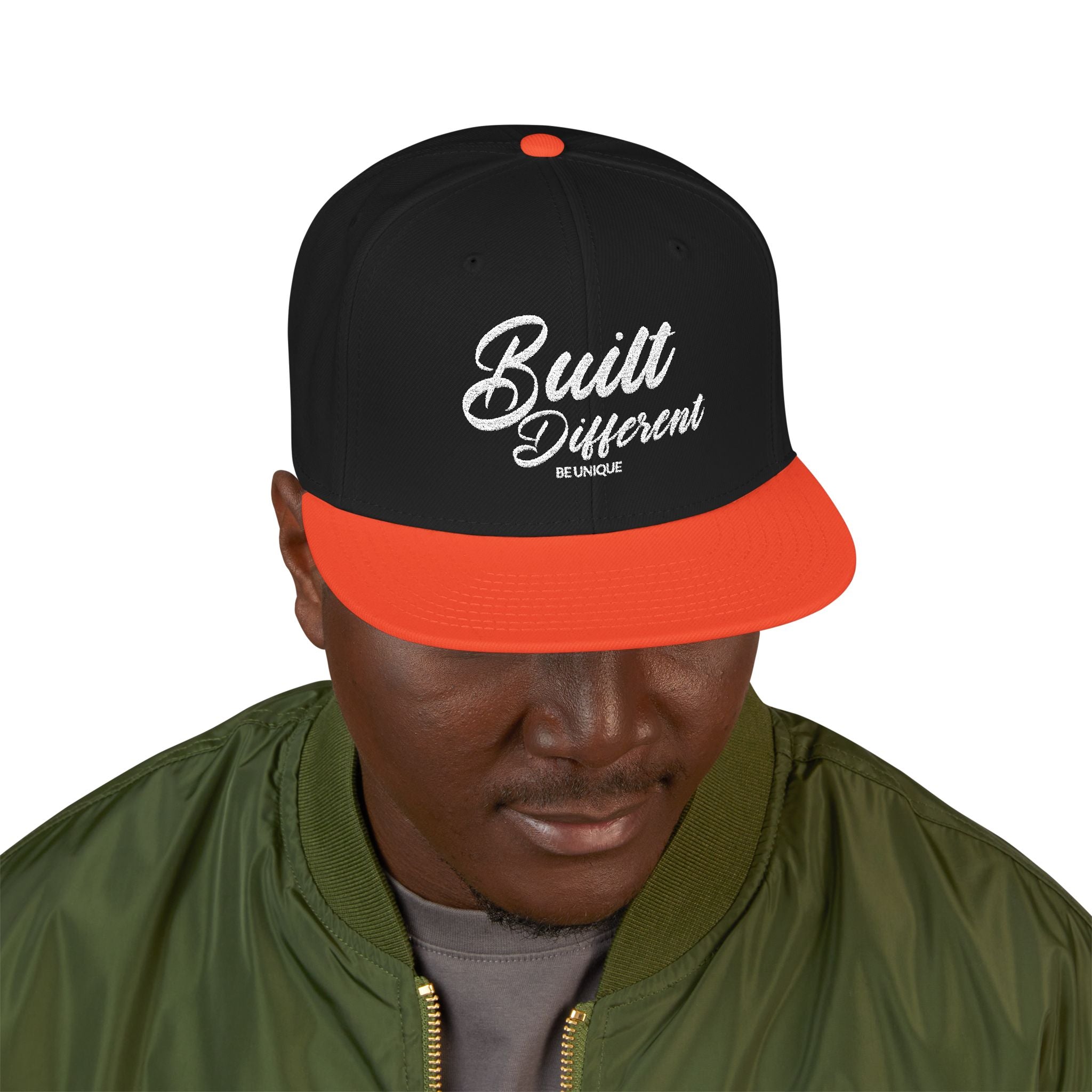 Snapback Hat - 'Built Different' Embroidered Flat Brim Cap