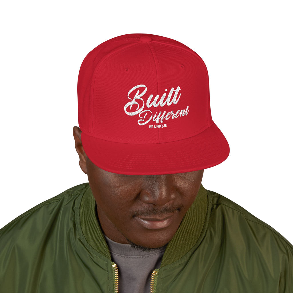 Snapback Hat - 'Built Different' Embroidered Flat Brim Cap
