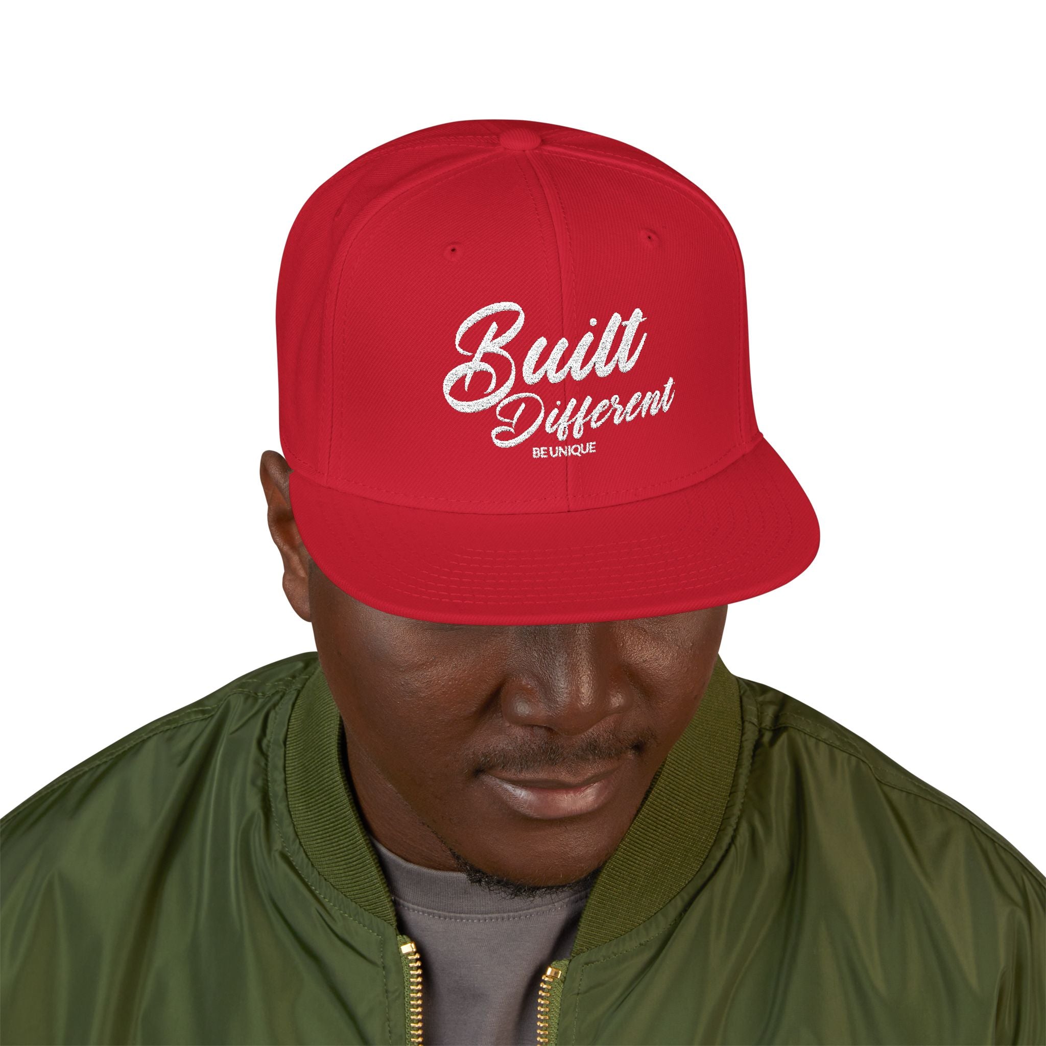 Snapback Hat - 'Built Different' Embroidered Flat Brim Cap