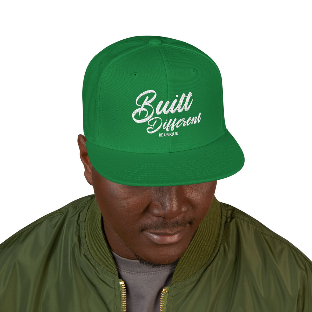 Snapback Hat - 'Built Different' Embroidered Flat Brim Cap