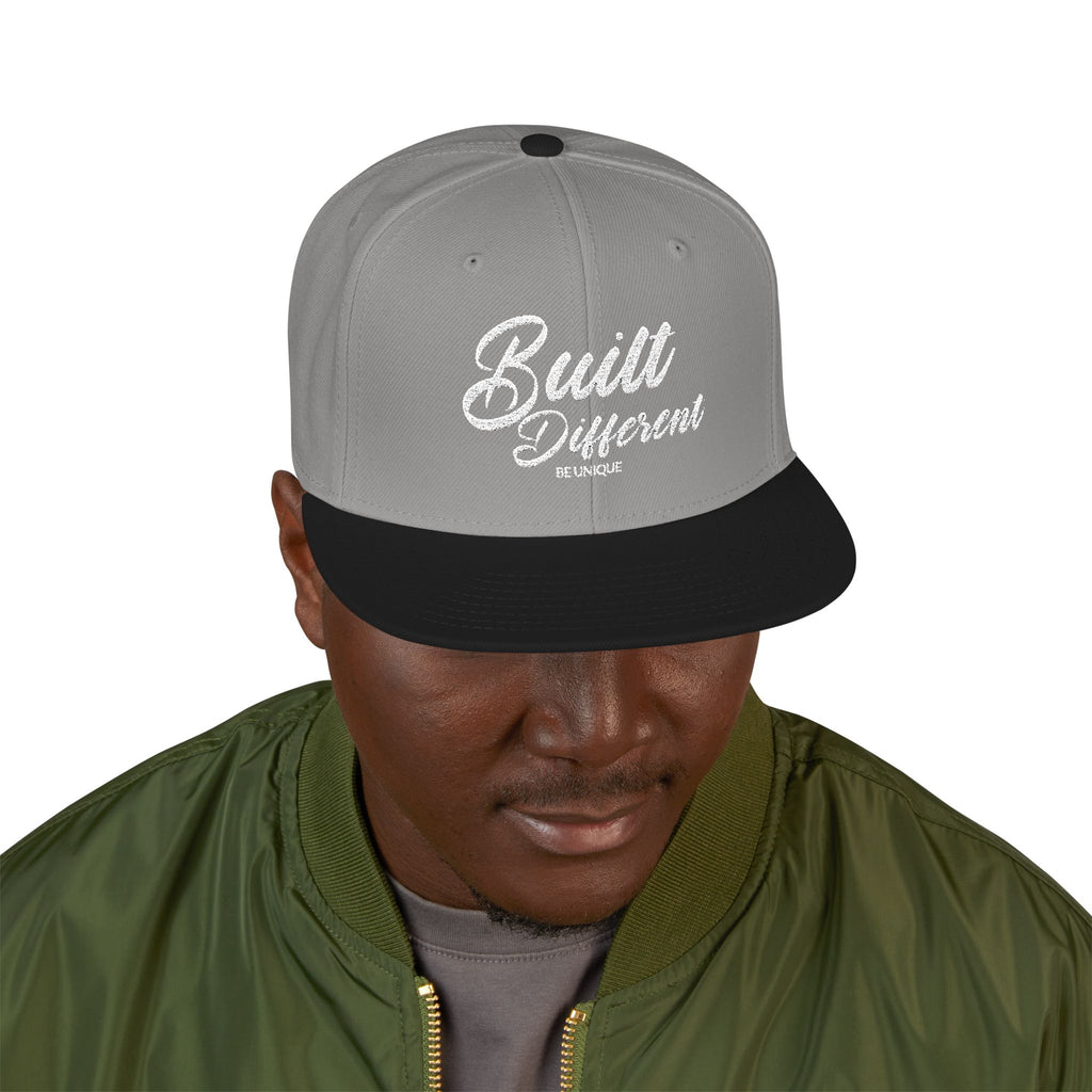 Snapback Hat - 'Built Different' Embroidered Flat Brim Cap