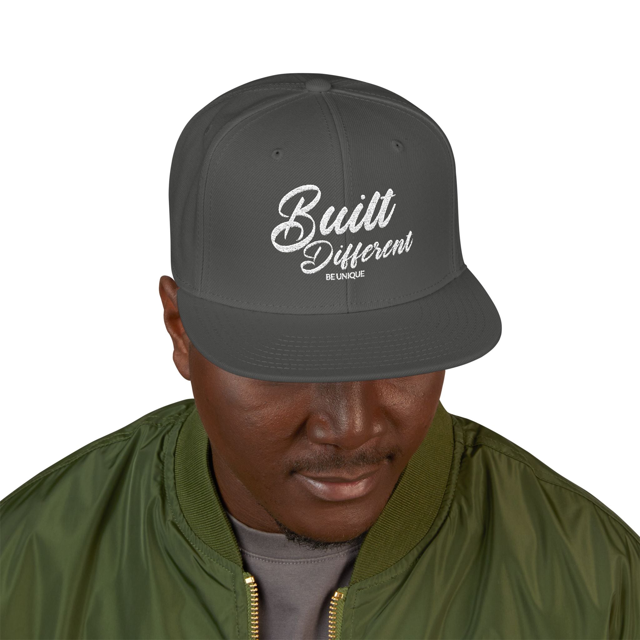 Snapback Hat - 'Built Different' Embroidered Flat Brim Cap